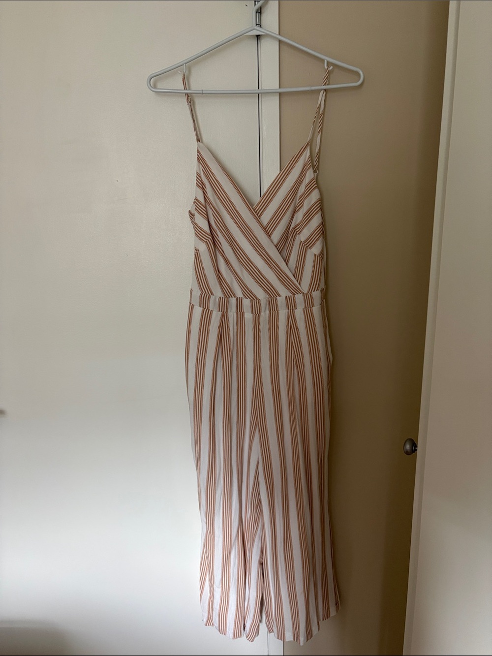 Dex Striped Spaghetti Strap Jumpsuit in White and Tan - Picture 3 of 7